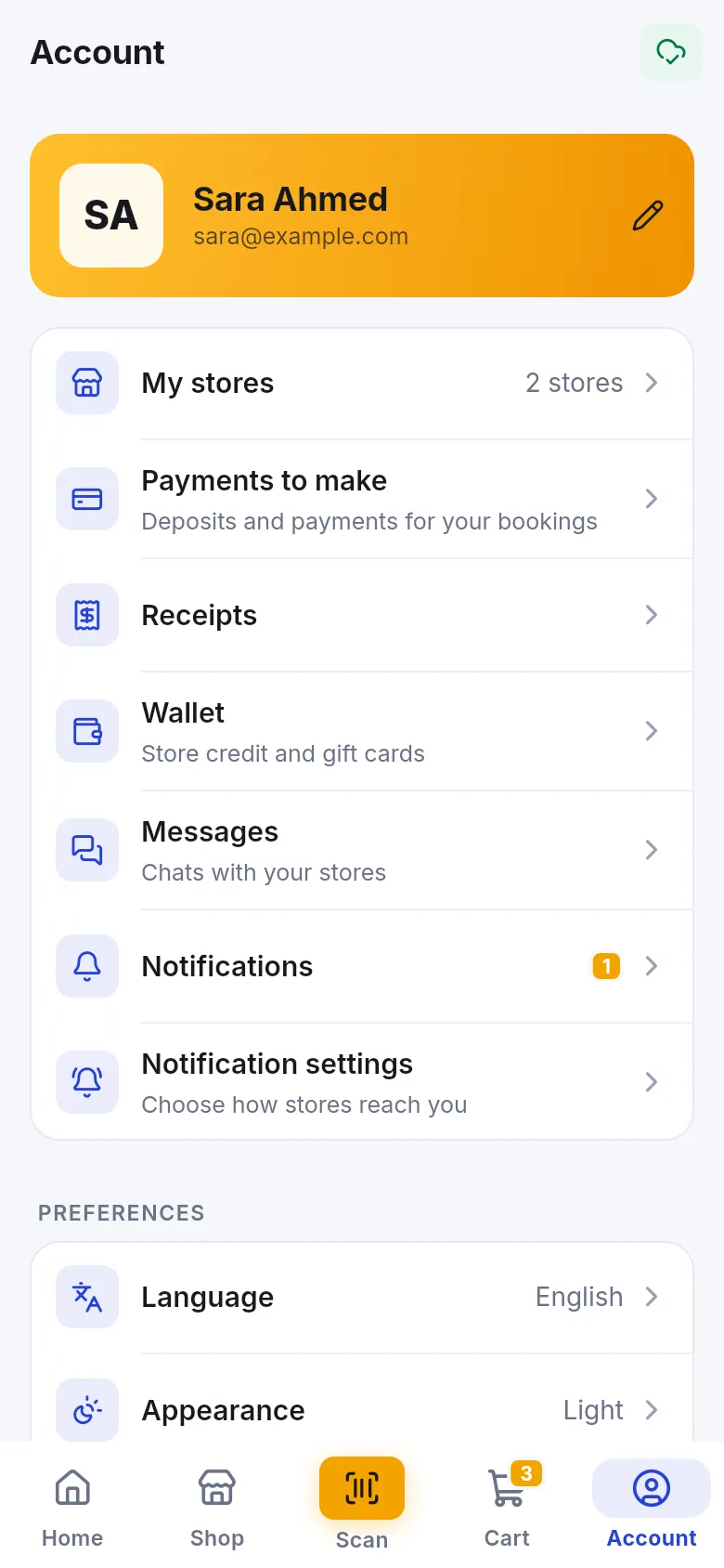 Account tab with profile card, My stores, Payments to make, Receipts, Wallet, Messages and Notifications