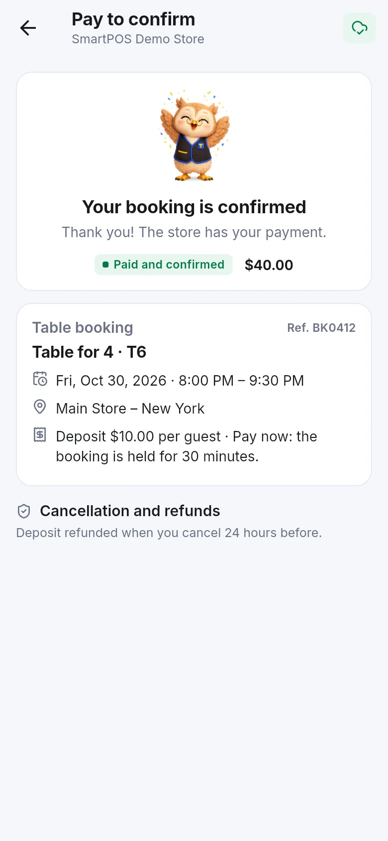 Your booking is confirmed screen with Paid and confirmed badge
