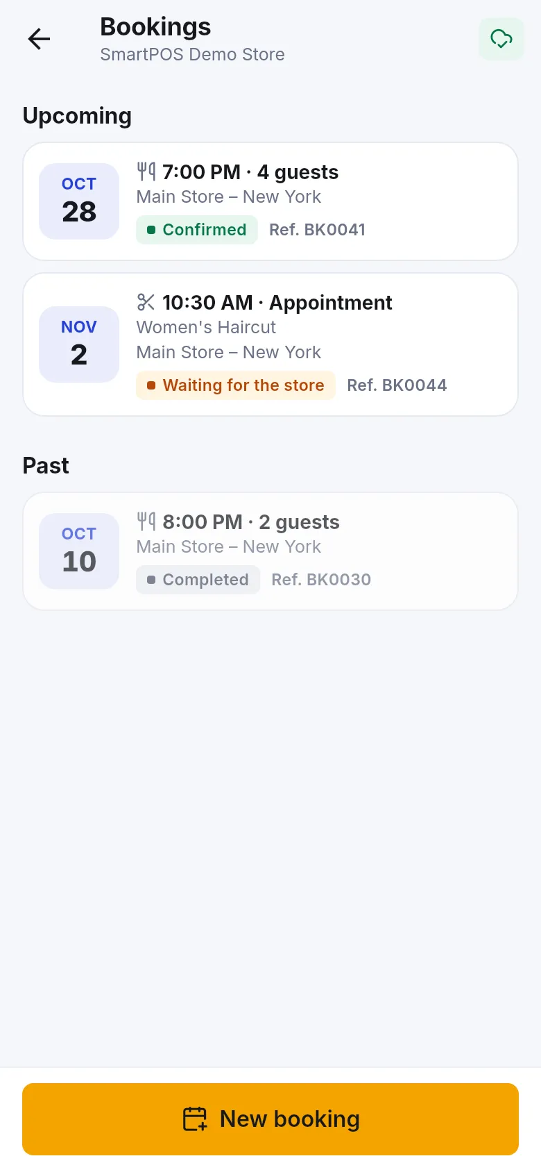 Bookings list with upcoming confirmed table, an appointment waiting for the store, and a past completed booking