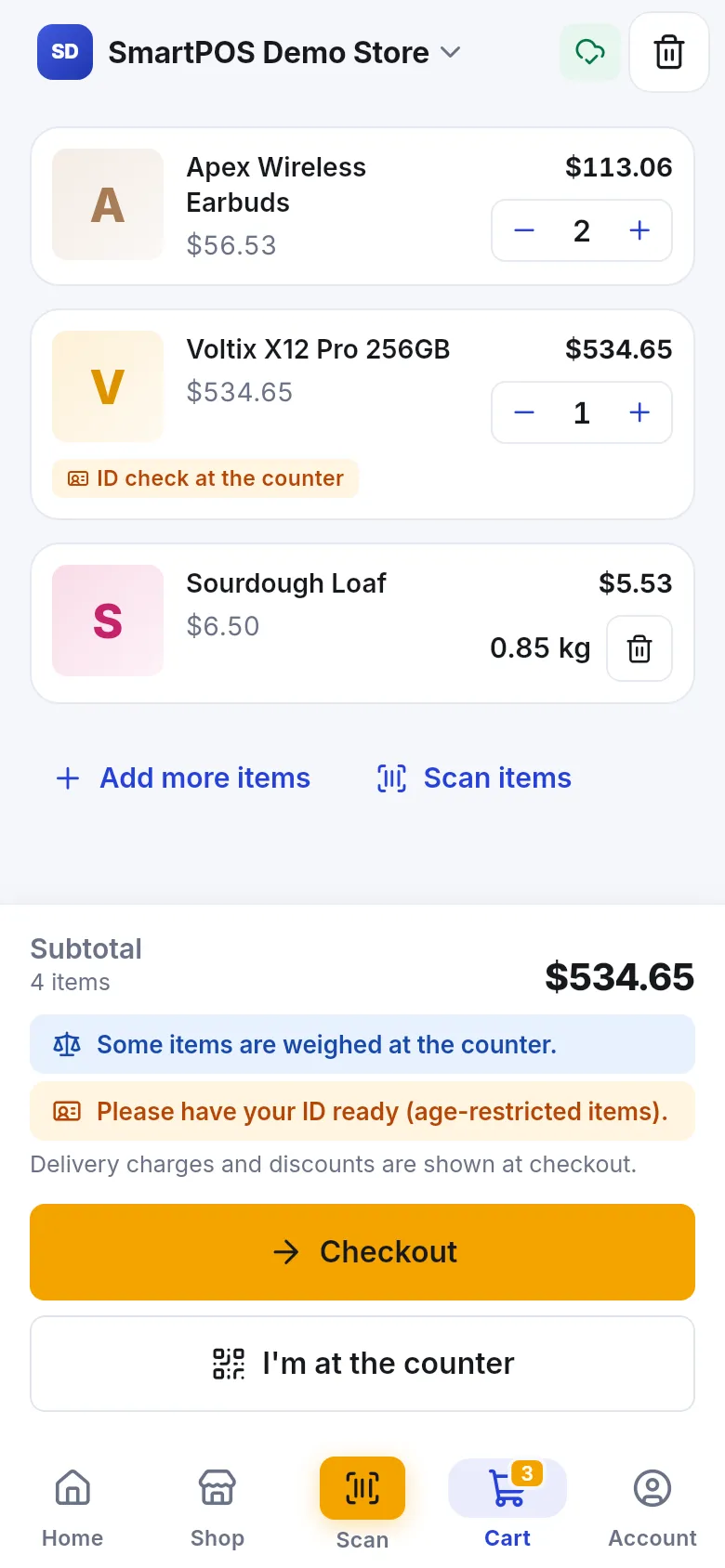 Cart with earbuds, a phone and sourdough by weight, showing Subtotal, counter notes, Checkout and I'm at the counter buttons