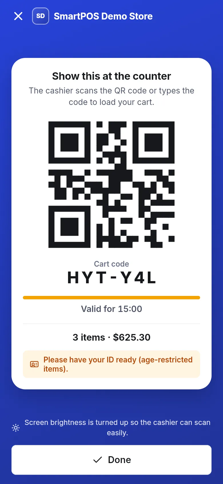 Show this at the counter screen with a QR code, cart code HYT-Y4L, Valid for 15:00, 3 items and the total, and an ID reminder