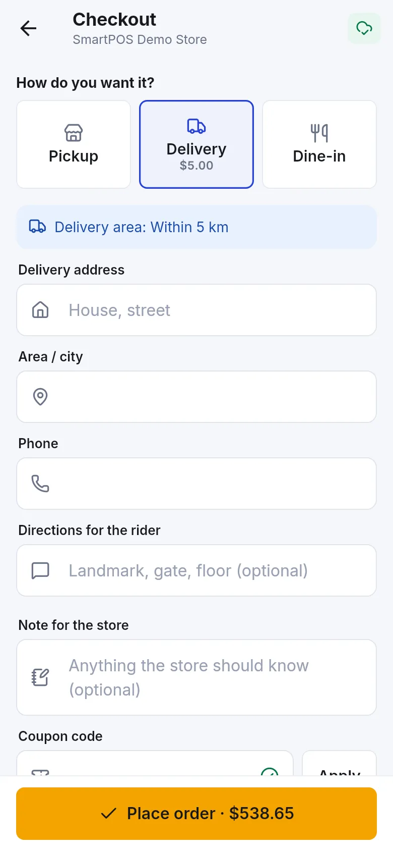 Checkout with Delivery selected, delivery area within 5 km, address, area, phone, rider directions and note fields