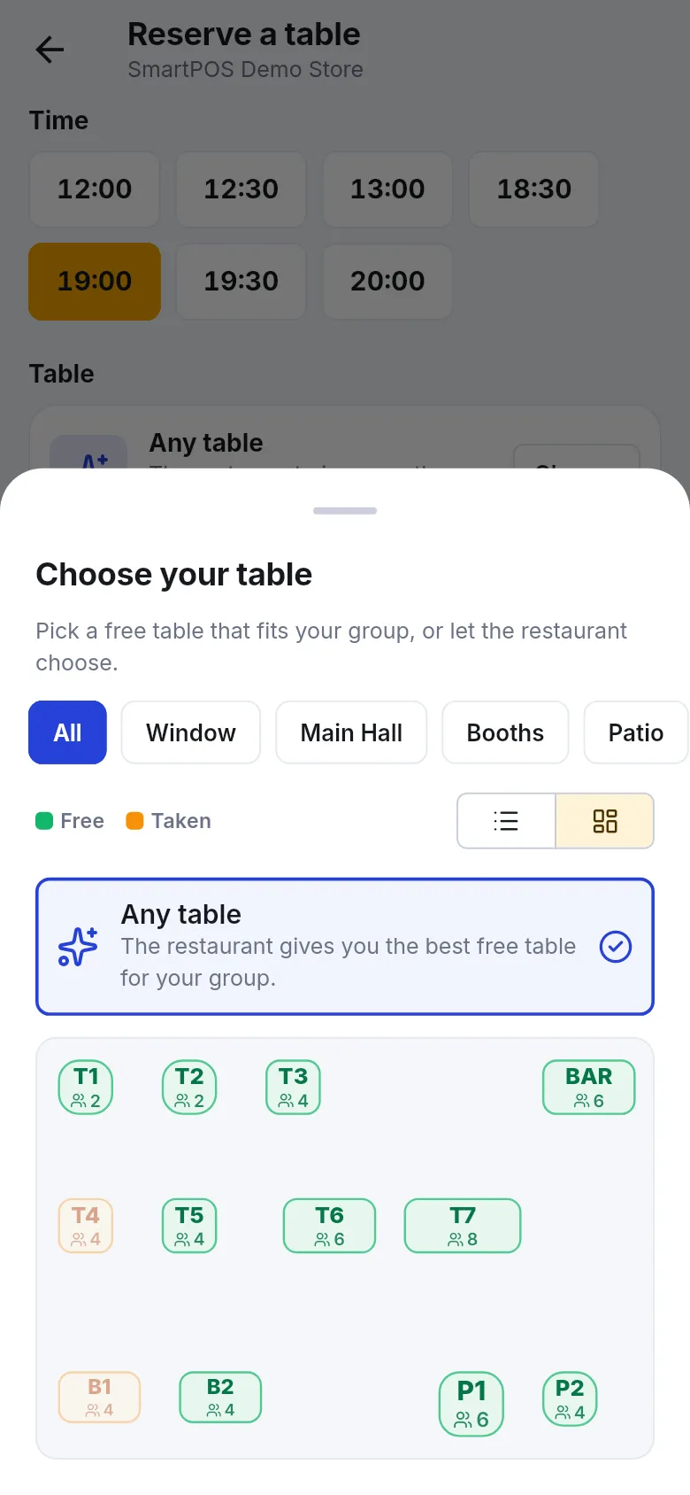 Choose your table sheet with Any table selected and a floor plan of free and taken tables