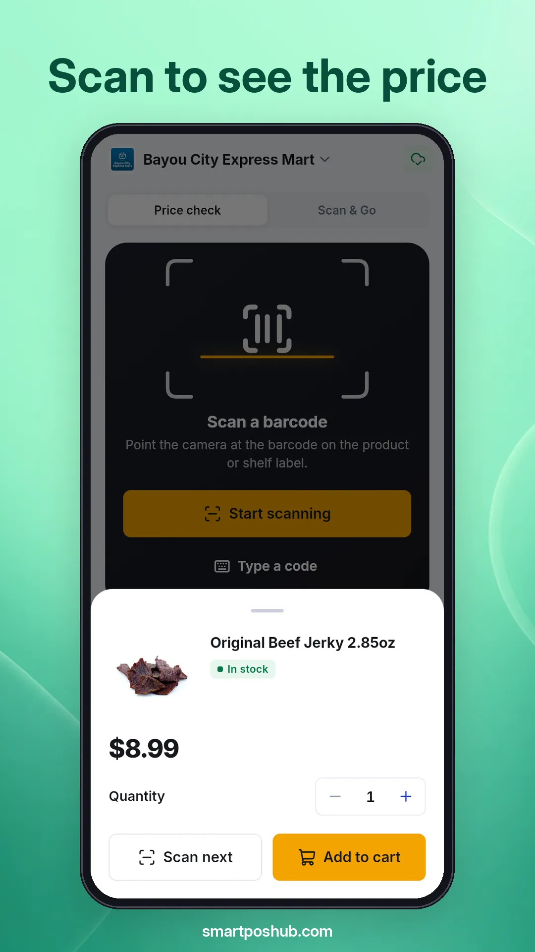 Scan & Go result showing a product photo, price, stock and an Add to cart button