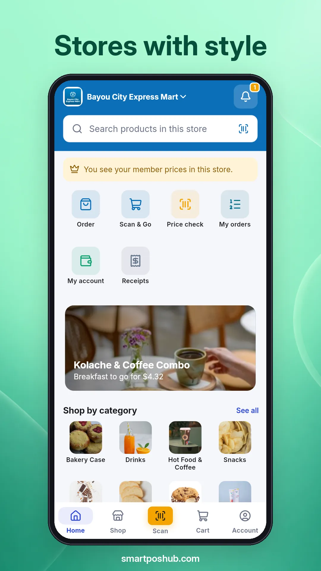 A store's home screen in SmartPOS Shopper with quick tiles for ordering, Scan & Go and price check
