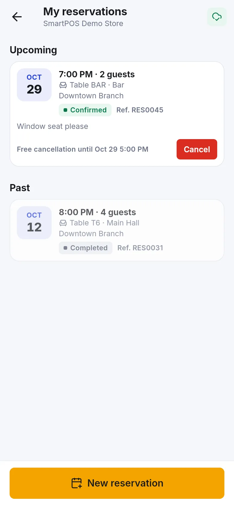 My reservations with an upcoming confirmed table, free cancellation time and a red Cancel button, and a past completed reservation