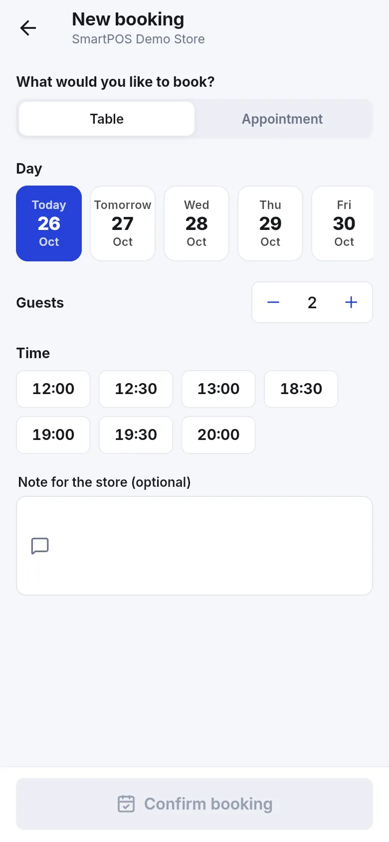 New booking screen with Table and Appointment choice, day picker, guests and time slots