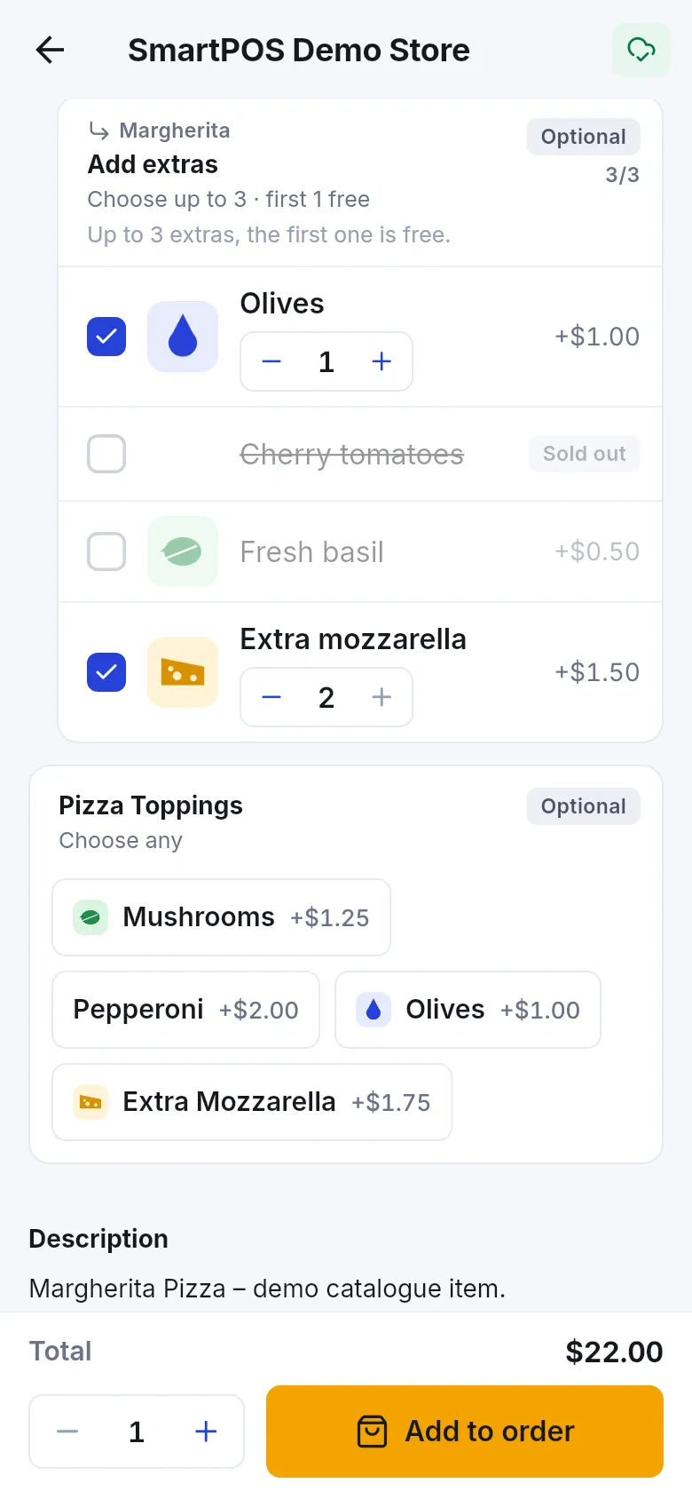 Add extras group showing Choose up to 3, first 1 free, with Olives and Extra mozzarella selected and Cherry tomatoes marked Sold out