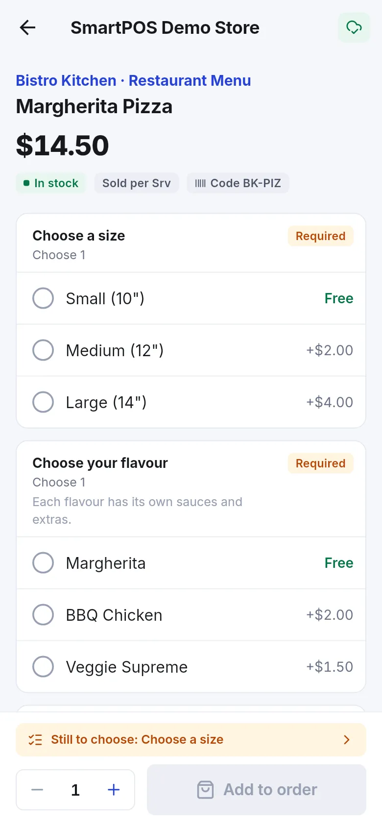 Margherita Pizza page with Choose a size marked Required and a yellow bar saying Still to choose: Choose a size