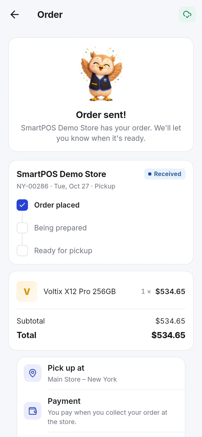 Order sent screen with Tovi the owl, the order number and the Order placed step ticked