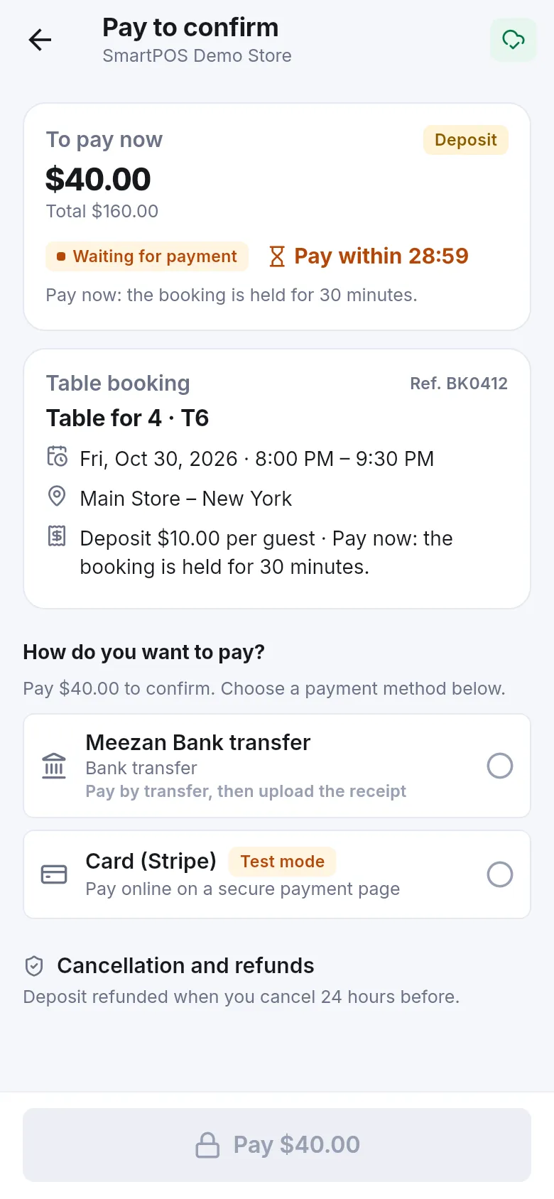 Pay to confirm screen with $40 deposit, Pay within timer and a choice of bank transfer or card payment