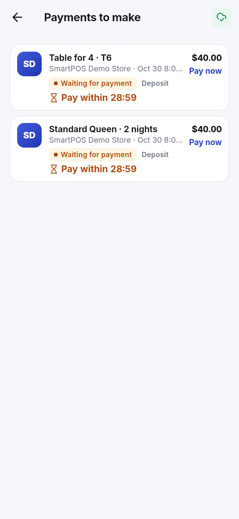 Payments to make list with a table booking and a hotel stay, each waiting for payment with a countdown and Pay now