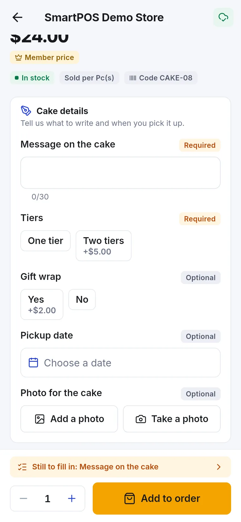 Celebration cake page with a required Message on the cake field, tier choice, gift wrap, pickup date and photo upload buttons