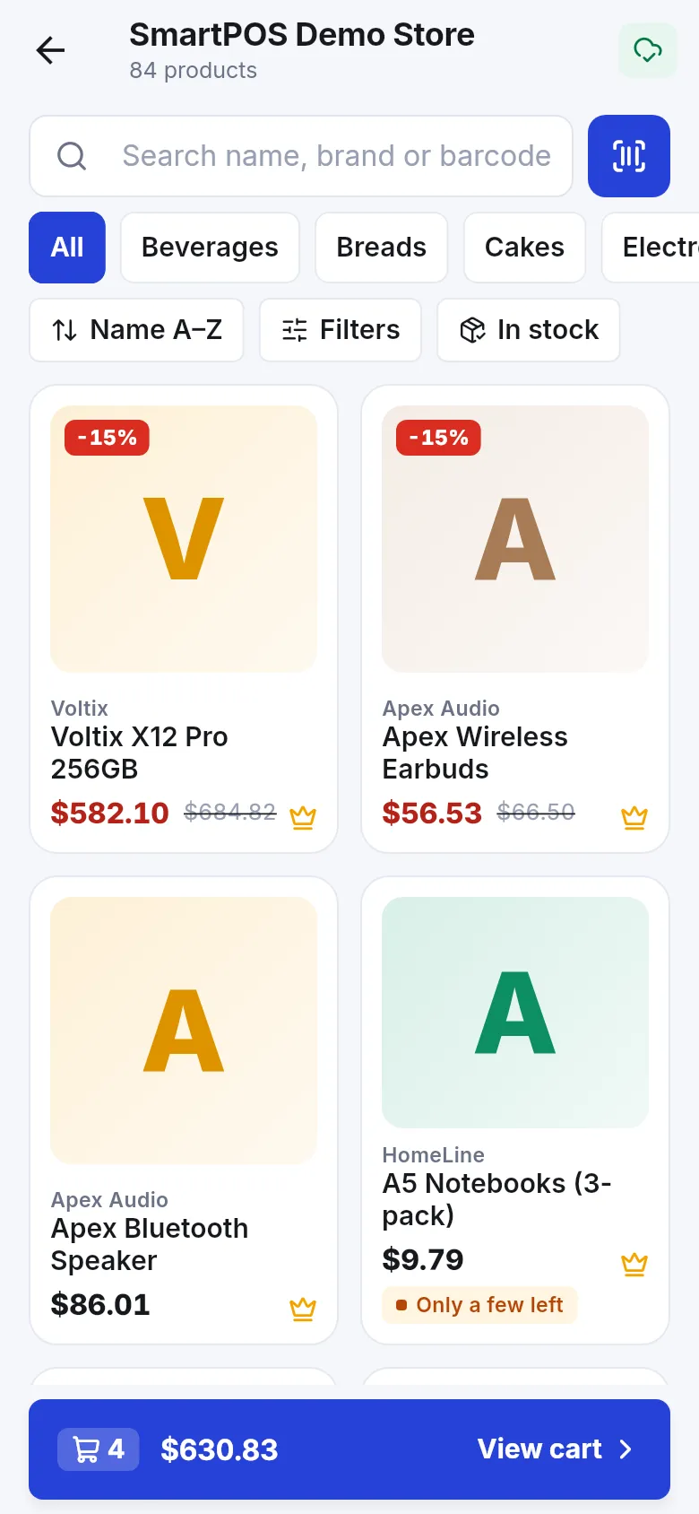 Product list with category chips, Name A-Z sort, Filters and In stock buttons, and product cards with sale badges
