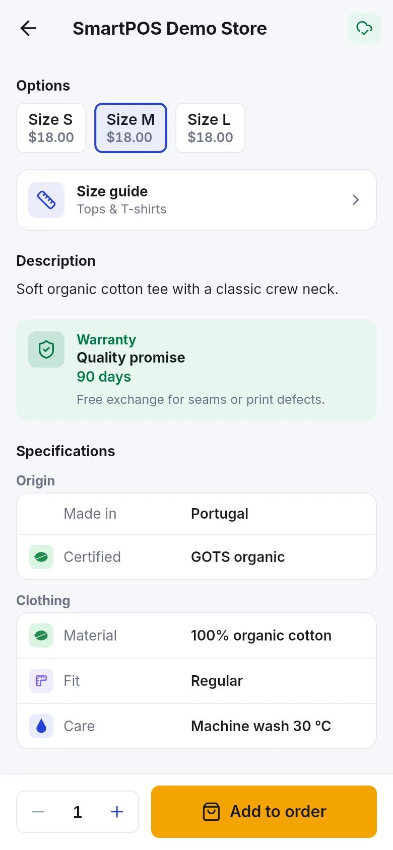 Product page with size buttons, a Size guide link, a warranty card and a specifications table