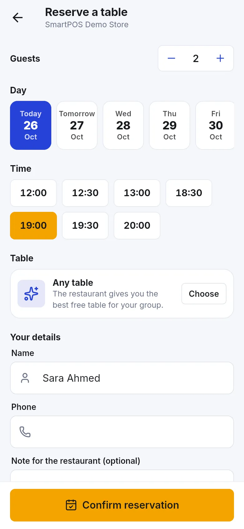 Reserve a table form with guests, day, time, Any table and your details