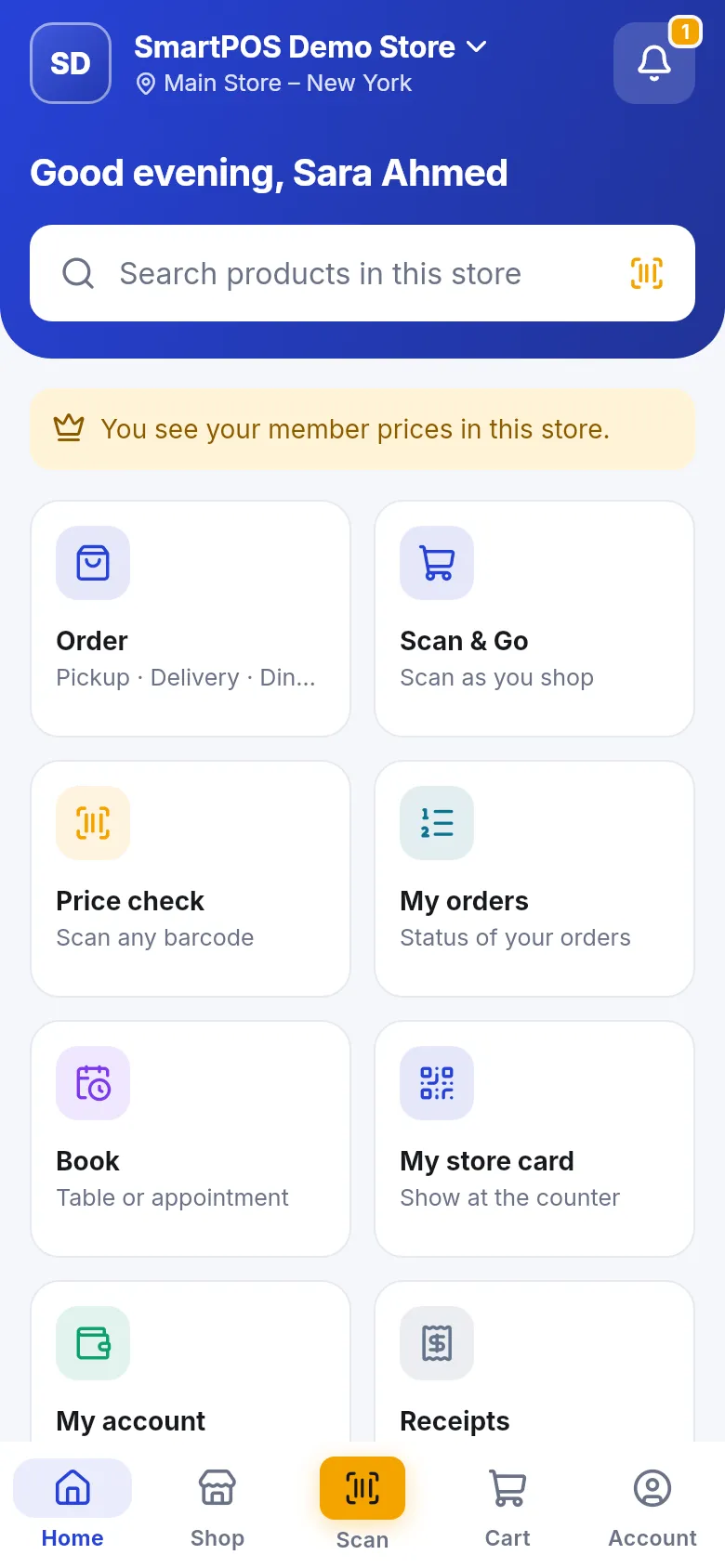 Classic store look with a blue header, search, member price banner and large tiles