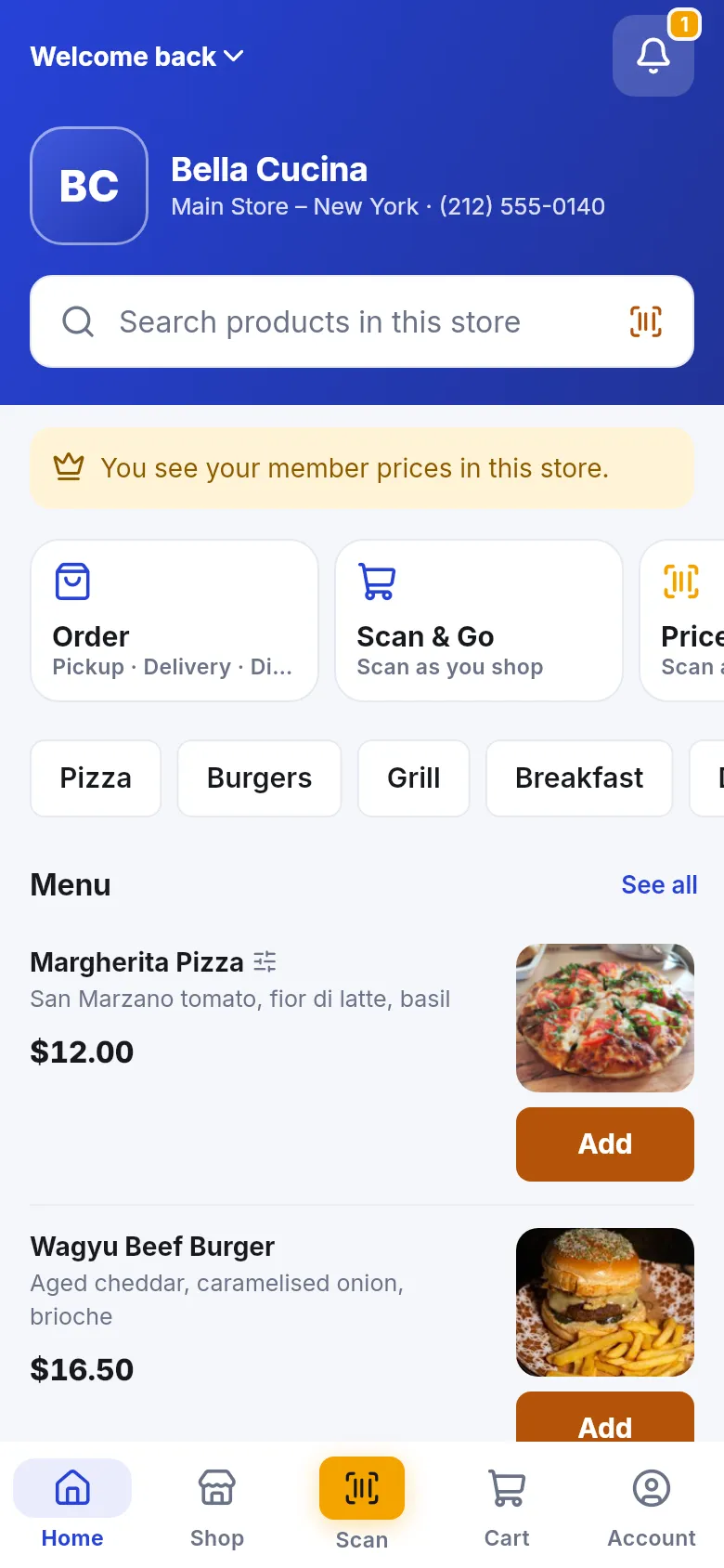Menu store look with category chips and a Menu list of dishes with photos, prices and Add buttons