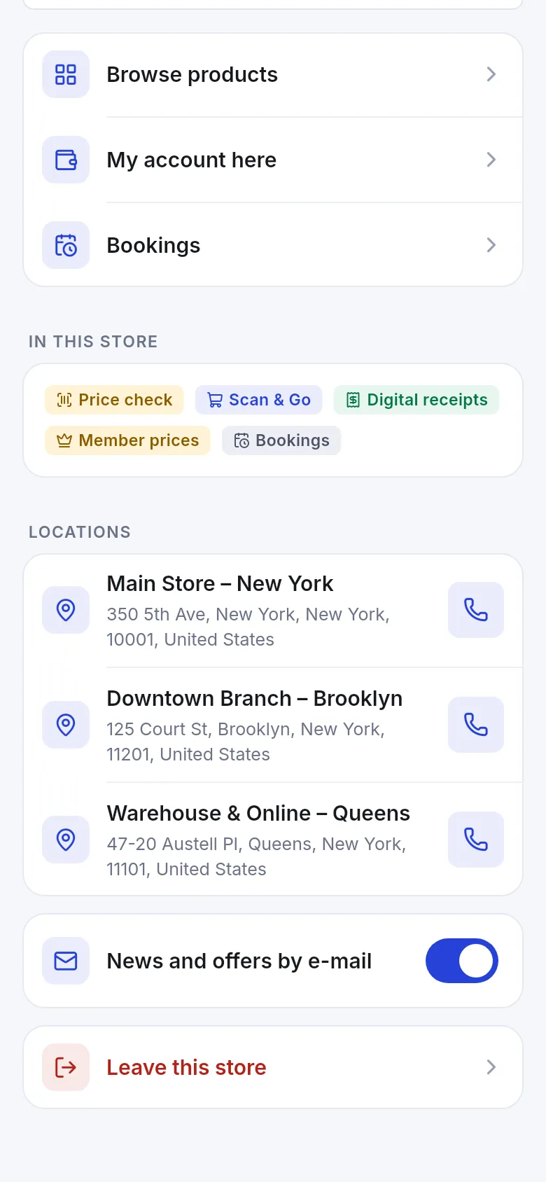 Lower part of the store page with In this store chips, three locations with call buttons, a News and offers by e-mail switch and Leave this store